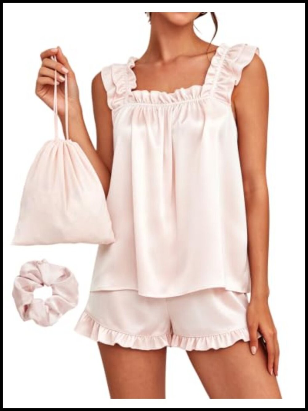 Satin Pajama Set Ruffle Tank Shorts Silky Sleep Lounge